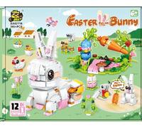 MOONTOY Kit de construcción de conejos de Pascua, regalos de Pascua para niños, bloques de construcción 12 en 1 con huevos prellenados, contiene polluelos, ovejas, zanahorias, flores, rellenos de