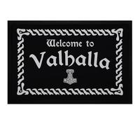 MoonWorks® Felpudo con texto "Welcome to Valhalla Willkommen mitología nórdica Odin Thor", antideslizante y lavable, color negro, 60 x 40 cm