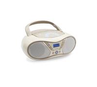 Mooov 477403 - Reproductor de CD portátil, Lector CD Audio CD-R/CD-RW/CD-MP3, Radio FM, Puerto USB, Sonido estéreo de 6W, asa ergonómica, Funciona con Corriente o con Pilas, Soft Grey