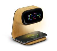 Mooov - Reloj Despertador con Pantalla Multicolor, Lector electrónico con Cargador de inducción, 15 W, Fuente de alimentación, Efecto Madera