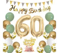 Moorle Globos de 60 cumpleaños de color verde salvia para mujeres y hombres, globos verdes, blancos y dorados, globos de fiesta con banderas, decoración para tartas para 60