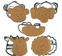 Moose Goods Safari - Cortadores de galletas con sellos - Juego de 5 cortadores de galletas con elefante, jirafa, mono, león y cocodrilo - Bonito paquete variado de cortadores de galletas para