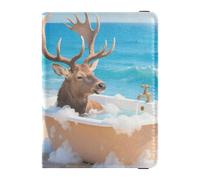 Moose in Bathtub by Sea Family Travel - Soporte de cuero para pasaporte, billetera antirrobo para dinero y tarjetas, para mujer, esencial de viaje