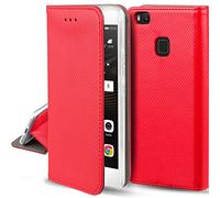 Moozy Funda para Huawei P9 Lite, Rojo - Flip Cover Smart Magnética con Soporte y Cartera para Tarjetas