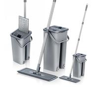 Mopa con Cubo Escurridor Fregona Plana Doble Compartimento 6 Almohadillas Escurrefácil para Limpieza Suelos Azulejos Madera Tarima Polvo Ventanas Mop Trapeador Paños Reutilizables