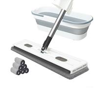 Mopa giratoria con mango ajustable para limpiar azulejos, madera dura y superficies de ventanas, con cabezal de 360 grados para acceder a las esquinas y zonas de difícil acceso (cubo plegable blanco)