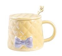 mophrati Juego de tazas de cerámica premium con cuchara, estética, hermoso juego tazas café lujo para parejas, ligero y lujoso con relieve, Amarillo