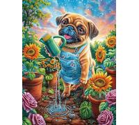 Mops arrosant Des tournesols Dans le Jardin Rompecabezas 1000 Piezas Cartón Grueso para Adultos Mitos fantásticos Desconectar Rutina Ejercicio Mental Relajante Decoración Dormitorio Regalo 1000 PCS