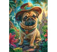Mops avec un chapeau de fête dans le jardin fleuri Puzzle 1000 Piezas Cartón Resistente Para Adultos Animal cuento de hadas fantástico Entretenimiento Individual Desconectar Estrés Colgar En Pared Ide