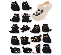 MOPZIJA 16Pcs colgantes de zapatos de gato negro,Shoe Charms,Adornos de Zapatos,pin crocs,pins para crocs,charms crocs,PVC Encantos Clog Adornos para Zapatos para Regalos de Niños Fiesta Cumpleaños