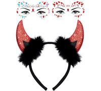 MOPZIJA 1PCS Karneval Halloween Deko Teufelshörner 2PCS Glitzer Tattoo Face Steine,Teufel Hörner Haarschmuck Haarreifen Männer Damen Kinder,Karneval Halloween Cosplay Party Teufel Kostüm Zubehör'