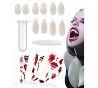 MOPZIJA 5 Pares Colmillos de Dientes de Vampiro,Dientes de vampiro de Halloween,Colmillos Vampiro para Cosplay Party Props Halloween Vampire Fangs - Con 3 tatuaje temporal halloween，halloween