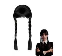 MOPZIJA pelucas disfraz，Miér-coles Peluca con flequillo, peluca de mi-ércoles con, wednes-daypelucas largas negras dobles trenzadas para mujeres y niñas, para cosplay, fiesta, carnaval, Halloween