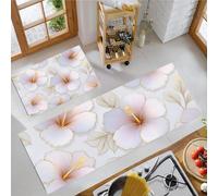 Morado Claro Juego de 2 Tapetes de Cocina, Flores De Hibisco En Flor Alfombrillas Flores Elegantes, Tapetes Antideslizantes Lavables de Goma, Accesorios Decorativos de Cocina - 40x60+40x120cm
