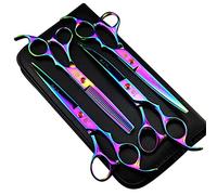 Morado dragón profesional 7.0 Pulgadas 4pcs PET GROOMING tijeras Kit Japón Premium acero recta y curva y hoja de entresacar Tijeras de corte de pelo de con diseño de perro