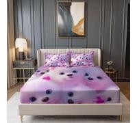 Morado Sábana Bajera Ajustable 160 x 200 cm con 2 Fundas de Almohada,Microfibra Arte Digital OnRico Perrito Blanco Transpirable Tacto Suave y Sin Arrugas - Esquinas Profundas 30 cm (Set de 3 Piezas)