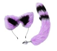 (Morado y negro) Tapón anal de cola de conejo esponjoso, bonito juego de aro para orejas de gato para