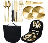 MORAINJAY 10 Piezas Vajilla Camping para 2 Personas Oro,Juego de Cubiertos de Acero Inoxidable con Platos,Cuchillos,Tenedores,Cucharas y Pinza,Incluye Estuche de Transporte