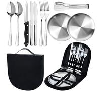 MORAINJAY 10 Piezas Vajilla Camping para 2 Personas Plata,Juego de Cubiertos de Acero Inoxidable con Platos,Cuchillos,Tenedores,Cucharas y Pinza,Incluye Estuche de Transporte