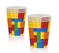 MORAINJAY 16 vasos de fiesta, vasos de papel de bloques de construcción, 250 ml, vasos temáticos de bloques de construcción coloridos para niños, decoraciones de mesa para niños y niñas, suministros