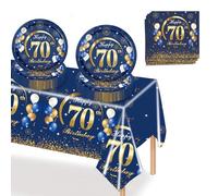 MORAINJAY 37 Piezas 70 Años Juego de Vajilla de Cumpleaños,Azul Marino y Dorado Decoración de Mesa para Fiesta de 70º Aniversario con Platos,Mantel,Servilletas,Kit Completo de Papel para 16 Personas