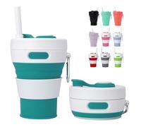 MORAINJAY 450ml Taza Plegable de Silicona Azul Pavo Real,Taza de Café Reutilizable Plegable para Viaje,Copa Colapsable con Tapa Anti-fugas, Incluye Porta-taza y Cuerda