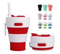 MORAINJAY 450ml Taza Plegable de Silicona Rojo,Taza de Café Reutilizable Plegable para Viaje,Copa Colapsable con Tapa Anti-fugas, Incluye Porta-taza y Cuerda