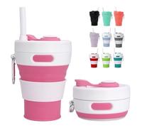 MORAINJAY 450ml Taza Plegable de Silicona Rosa,Taza de Café Reutilizable Plegable para Viaje,Copa Colapsable con Tapa Anti-fugas, Incluye Porta-taza y Cuerda