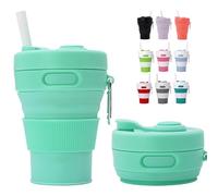 MORAINJAY 450ml Taza Plegable de Silicona Verde,Taza de Café Reutilizable Plegable para Viaje,Copa Colapsable con Tapa Anti-fugas, Incluye Porta-taza y Cuerda