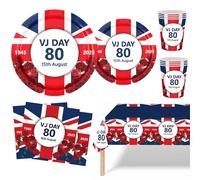 MORAINJAY 69 piezas de vajilla para fiesta del 80 aniversario del Día VJ, decoraciones del Día VJ 2025 con platos de papel, vasos, servilletas, Victoria de la Segunda Guerra Mundial sobre Japón 1945