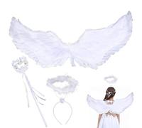 MORAINJAY Disfraz de Ángel Blanco para Halloween,Alas de Ángel con Halo y Varita Mágica de Hada 80x35cm,Disfraz de Carnaval para Mujer y Niña, para Fiesta,Navidad y Cosplay