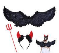 MORAINJAY Disfraz de Ángel Negro para Halloween,Alas de Ángel con Halo y Varita Mágica de Hada 80x35cm,Disfraz de Carnaval para Mujer y Niña, para Fiesta,Navidad y Cosplay