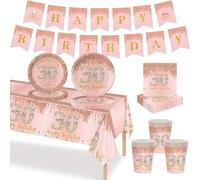 MORAINJAY Fiesta de Cumpleaños 30 Años, 70 Piezas Oro rosa, 30 Platos Cumpleaños, Vasos, Servilletas y Bandera de Papel, Vajilla Decoración Mesa para Fiesta 30 Años, Hombres Mujeres