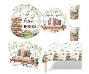 MORAINJAY Juego de 51 vajilla de fiesta con platos de papel, vasos, servilletas, decoración de mesa para biblioteca, club o cumpleaños de lectura