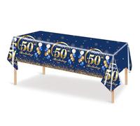 MORAINJAY - Mantel de cumpleaños de 50 años, azul y dorado, 137 x 274 cm, Happy 50th Birthday, manta rectangular para mesa de comedor y banquete