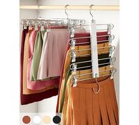 MORALVE Perchas para faldas que ahorran espacio con clips, paquete de 2, colgador europeo de 5 niveles de madera de haya para pantalones cortos, faldas y pantalones, organizador de armario y solución