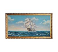 MORANA Cuadro pintado a mano - Óleo sobre lienzo - Marco dorado elegante 128 x 68 cm - Velero entre las olas del océano - Ideal para decoración náutica - Decoración casa y salón - Fabricado en Italia