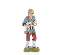 Moranduzzo Pastor Joven con Cordero para Belén de 10 cm Escala 1:20 - Altura 8,7 cm - Figura en Resina PVC, Irrompible, Estilo ‘700, Pintada a Mano, Escultor M. Landi