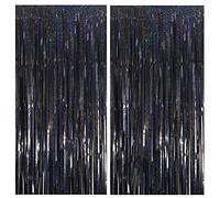MORANTI Cortinas de flecos de papel metálico brillante de 3.3 pies x 6.5 pies para fiestas, telón de fondo de fotos de cumpleaños, decoración de boda (color negro brillante, 2 piezas)