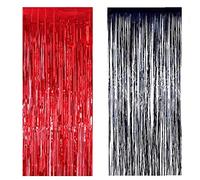 MORANTI Paquete de 2 cortinas metálicas con flecos de oropel de 3 x 8 pies, telón de fondo de fiesta para boda, fiesta, decoración de fondo de fotos (rojo, negro)