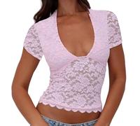 Morbuy Camiseta Transparente Mujer de Encaje, Corto See Through Camiseta Tops, Camiseta Rejilla, Elegante Casual Mesh Top Clubwear Mesh Sheer Shirt Camisas (Rosa,M)