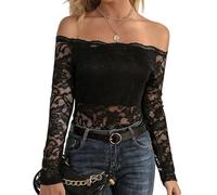 Morbuy Camiseta Transparente Mujer de Encaje, See Through Camiseta Tops con Hombros Descubiertos, Camiseta Rejilla Elegante Casual Mesh Top Clubwear Mesh Sheer Shirt Camisas (Negro,L)