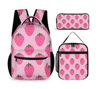 Morbuy Conjunto de Mochila Escolar Niña,Patrón Fruta 3D Mochilas Escolares para Niño, Bolsa Escuela Infantil con Bolsillo Frontal y Lateral + Bolsa Almuerzo + Estuche Lápices (Fresa Rosa)