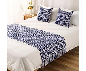 Morbuy Corredor de Cama y Cojines Juego, Camino de Cama con Cojines Verano Bufanda de Cama Protector Colcha Decoration Cola de Cama Toalla para Hotel (70x240+45x45cm,Azul Oscuro)