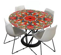 Morbuy Mandalas Manteles Redondo Antimanchas, Elastico Manteles Redondo Impermeables Poliéster Lavable Mantel de Mesa para Hogar Comedor Jardín Fiesta (Flor roja,Diámetro 120cm)