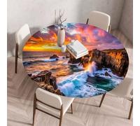 Morbuy Mantel Impermeable con Borde Elástico,Patrón Vista Mar 3D Mantel Elastico Ajustable Redondo Antimanchas para Decoración Fiesta Cocina Comedor Jardin (Resplandor del Atardecer,Diameter 110cm)