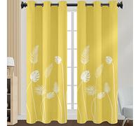 Morbuy Patrón de Hojas Cortinas de Salón 2 Piezas, Aislantes Opacas Térmicas Moderno Cortina con Ojales para Cocina Habitacion Dormitorio - Decoración del Hogar (108x137cm,Amarillo)