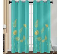 Morbuy Patrón de Hojas Cortinas de Salón 2 Piezas, Aislantes Opacas Térmicas Moderno Cortina con Ojales para Cocina Habitacion Dormitorio - Decoración del Hogar (132x230cm,Azul lago)