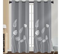 Morbuy Patrón de Hojas Cortinas de Salón 2 Piezas, Aislantes Opacas Térmicas Moderno Cortina con Ojales para Cocina Habitacion Dormitorio - Decoración del Hogar (132x245cm,Gris)