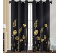 Morbuy Patrón de Hojas Cortinas de Salón 2 Piezas, Aislantes Opacas Térmicas Moderno Cortina con Ojales para Cocina Habitacion Dormitorio - Decoración del Hogar (108x230cm,Negro)